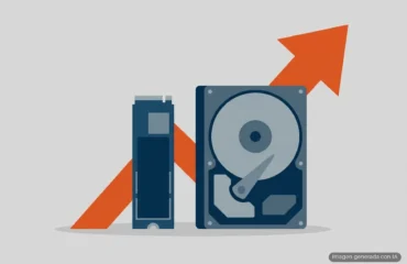 304-ssd-2tb-precio-subida-ia-almacenamiento Ilustración plana de una unidad SSD M.2 y un disco duro de 3,5 pulgadas con una flecha naranja ascendente detrás, sobre fondo gris. Imagen generada con IA.