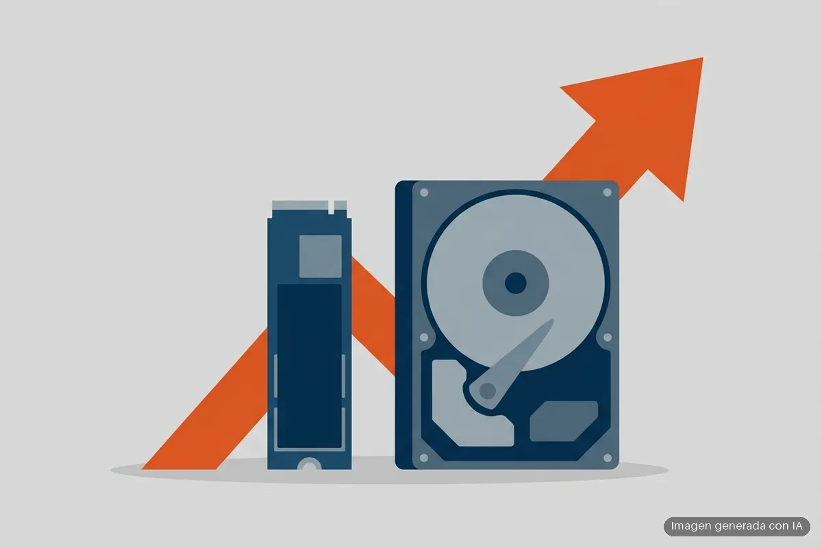 304-ssd-2tb-precio-subida-ia-almacenamiento Ilustración plana de una unidad SSD M.2 y un disco duro de 3,5 pulgadas con una flecha naranja ascendente detrás, sobre fondo gris. Imagen generada con IA.