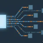 De un bloque luminoso salen hileras de cuadrados azules y naranjas hacia varios bloques más pequeños, sobre fondo oscuro. Imagen generada con IA.