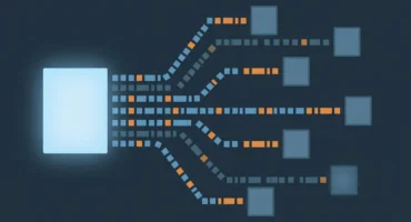 De un bloque luminoso salen hileras de cuadrados azules y naranjas hacia varios bloques más pequeños, sobre fondo oscuro. Imagen generada con IA.