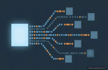 305-empresas-chinas-ia-extraen-datos-claude-gpt-escala-industrial De un bloque luminoso salen hileras de cuadrados azules y naranjas hacia varios bloques más pequeños, sobre fondo oscuro. Imagen generada con IA.