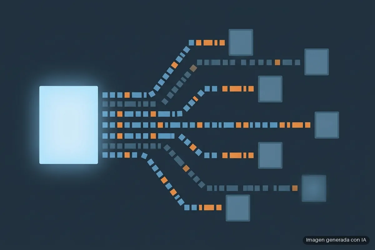 305-empresas-chinas-ia-extraen-datos-claude-gpt-escala-industrial De un bloque luminoso salen hileras de cuadrados azules y naranjas hacia varios bloques más pequeños, sobre fondo oscuro. Imagen generada con IA.