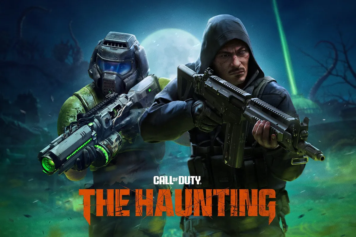 306-call-of-duty-black-ops-7-warzone-temporada-06-the-haunting Dos soldados con rifles futuristas contra un fondo nocturno azul con luna llena y luz verde, con los rótulos «Call of Duty: The Haunting».