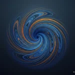 Remolino de líneas de flujo azules y naranjas que giran hacia un centro oscuro, sobre fondo azul muy oscuro. Imagen generada con IA.
