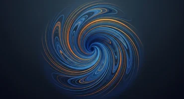 Remolino de líneas de flujo azules y naranjas que giran hacia un centro oscuro, sobre fondo azul muy oscuro. Imagen generada con IA.