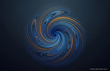 Remolino de líneas de flujo azules y naranjas que giran hacia un centro oscuro, sobre fondo azul muy oscuro. Imagen generada con IA.
