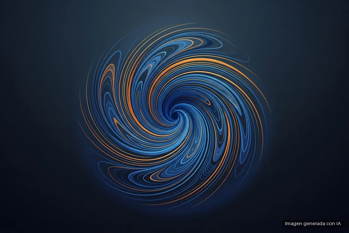 309-openai-navier-stokes-solucion-controversia Remolino de líneas de flujo azules y naranjas que giran hacia un centro oscuro, sobre fondo azul muy oscuro. Imagen generada con IA.