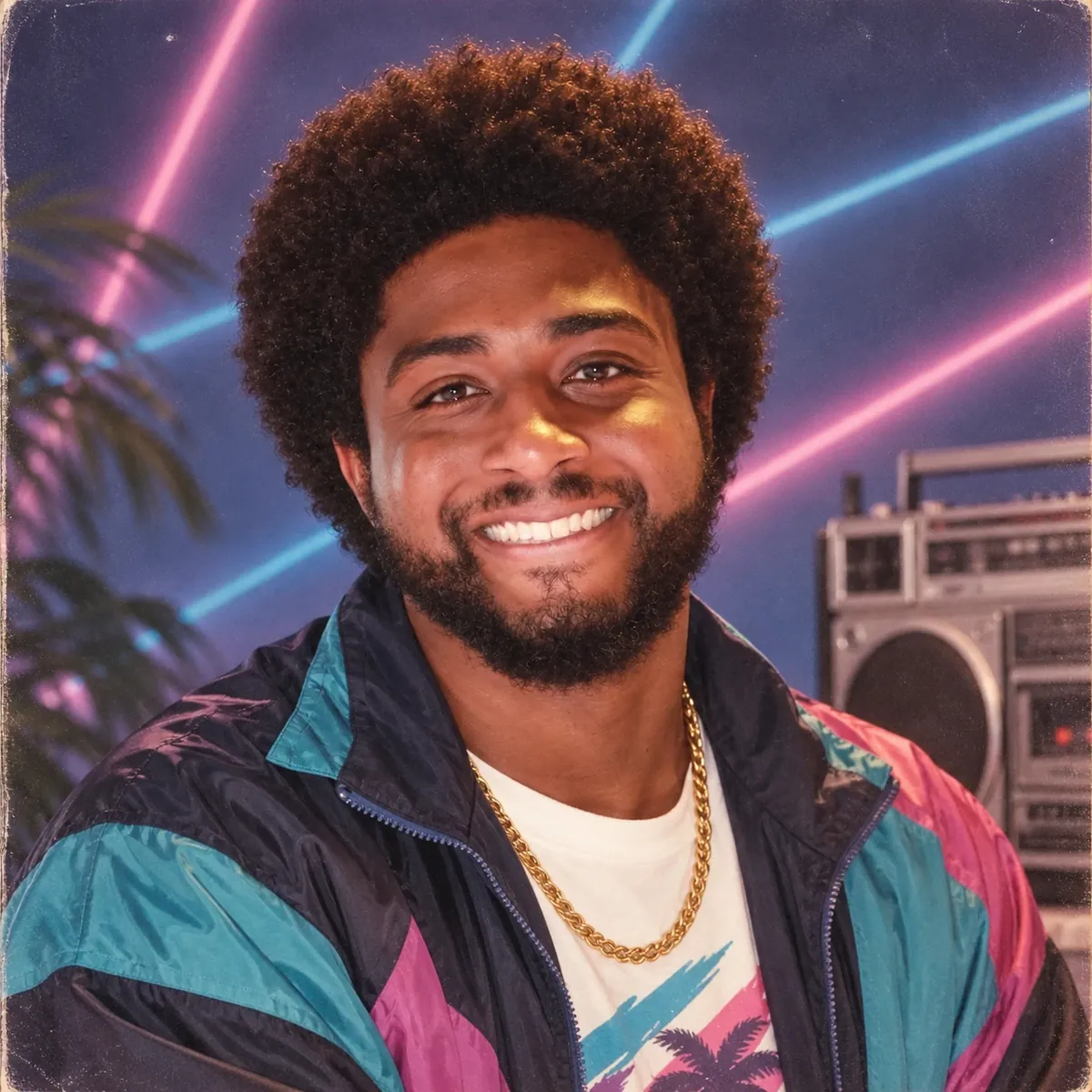 Retrato de estética años ochenta generado por ChatGPT Images 2.5: un hombre sonriente con pelo rizado, chaqueta de colores y cadena dorada ante luces de neón