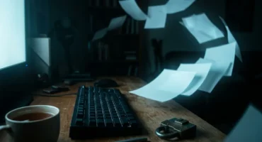 Teclado mecánico negro sobre mesa de madera junto a taza de café, con papeles volando y monitor al fondo. Imagen generada con IA.