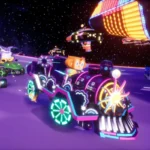 Amigo, el mono de Samba de Amigo, conduce su locomotora en una pista espacial de Sonic Racing: CrossWorlds, con Tails y Sonic detrás