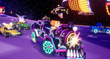 Amigo, el mono de Samba de Amigo, conduce su locomotora en una pista espacial de Sonic Racing: CrossWorlds, con Tails y Sonic detrás