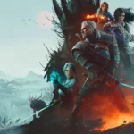 Geralt de Rivia empuña su espada en primer plano junto a Ciri, con Triss y Yennefer al fondo, sobre un paisaje helado con un incendio a sus pies.