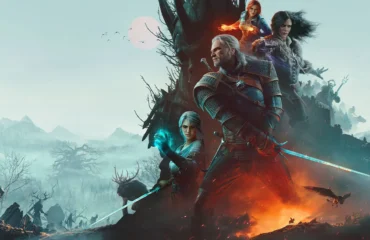 Geralt de Rivia empuña su espada en primer plano junto a Ciri, con Triss y Yennefer al fondo, sobre un paisaje helado con un incendio a sus pies.
