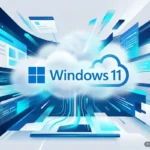 Logo de Windows 11 dentro de una nube, rodeado de ventanas de aplicaciones en perspectiva con efectos de luz azul. Imagen generada con IA.