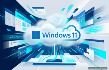 Logo de Windows 11 dentro de una nube, rodeado de ventanas de aplicaciones en perspectiva con efectos de luz azul. Imagen generada con IA.