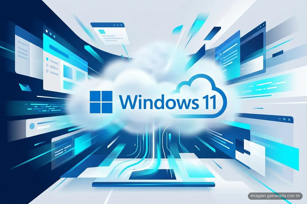 325-windows-11-cloud-rebuild-reinstalacion-sin-usb Logo de Windows 11 dentro de una nube, rodeado de ventanas de aplicaciones en perspectiva con efectos de luz azul. Imagen generada con IA.