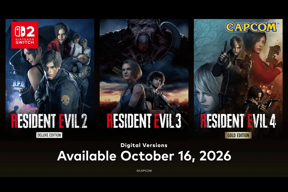 327-resident-evil-2-3-4-remasterizados-switch-2-octubre-2026 Carátulas oficiales de los remakes de Resident Evil 2, 3 y 4 para Nintendo Switch 2, con la fecha de salida digital del 16 de octubre de 2026