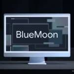 Monitor de escritorio plateado que muestra el texto BlueMoon en la pantalla sobre fondo abstracto. Imagen generada con IA.