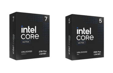 Cajas oficiales de los procesadores Intel Core Ultra 7 270K Plus y Core Ultra 5 250K Plus, sobre fondo blanco.