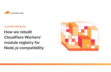 Imagen oficial del blog de Cloudflare: el logotipo de la compañía junto a una ilustración isométrica de bloques naranjas que representan los módulos de Workers.
