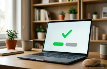349-microsoft-acelera-aprobaciones-parentales-windows-11-1 Portátil sobre escritorio de madera con una marca de verificación verde y dos botones en la pantalla. Imagen generada con IA.