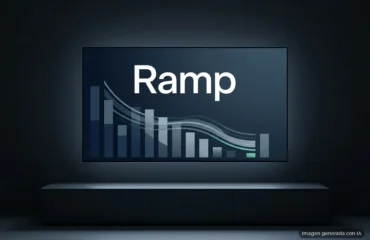 Pantalla mostrando el texto Ramp con un gráfico de barras descendente y líneas ondulantes en tonos azules y verdes. Imagen generada con IA.