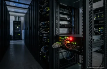 Armarios servidores abiertos en un centro de datos, con cables de red azules, conectores de alimentación rojos y luces indicadoras. Imagen generada con IA.
