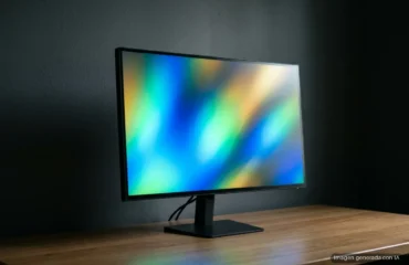 361-dlss-5-neuralscreen-escritorio-rtx-30 Monitor de pantalla plana con marco negro sobre soporte, mostrando patrones de colores azules, verdes y amarillos en su display. Imagen generada con IA.