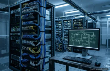 363-mirth-connect-vulnerabilidades-inyeccion-sql-xxe Armarios de servidor con cables de red azules y amarillos en una sala de centro de datos, junto a un monitor que muestra un diagrama. Imagen generada con IA.