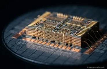 Chip de memoria apilado, con sus hilos dorados de conexión, sobre una oblea de silicio en un fondo oscuro. Imagen generada con IA.
