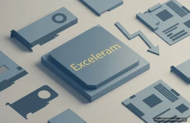 386-exceleram-crisis-ram-lejos-de-terminar Chip gris azulado con el nombre Exceleram en letras doradas, rodeado de tarjetas gráficas, placas base y una flecha en zigzag. Imagen generada con IA.