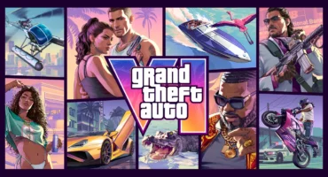 Arte oficial de Grand Theft Auto VI con el logotipo en el centro, rodeado de viñetas con sus protagonistas, coches, una lancha y un caimán