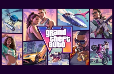 Arte oficial de Grand Theft Auto VI con el logotipo en el centro, rodeado de viñetas con sus protagonistas, coches, una lancha y un caimán