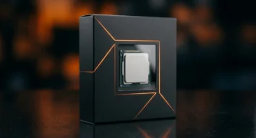 Procesador plateado dentro de caja negra con líneas naranjas geométricas, sobre superficie reflectante. Imagen generada con IA.