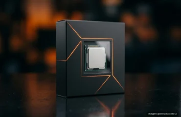 394-amd-ryzen-5-7500-ryzen-5-5500f-lanzamiento Procesador plateado dentro de caja negra con líneas naranjas geométricas, sobre superficie reflectante. Imagen generada con IA.