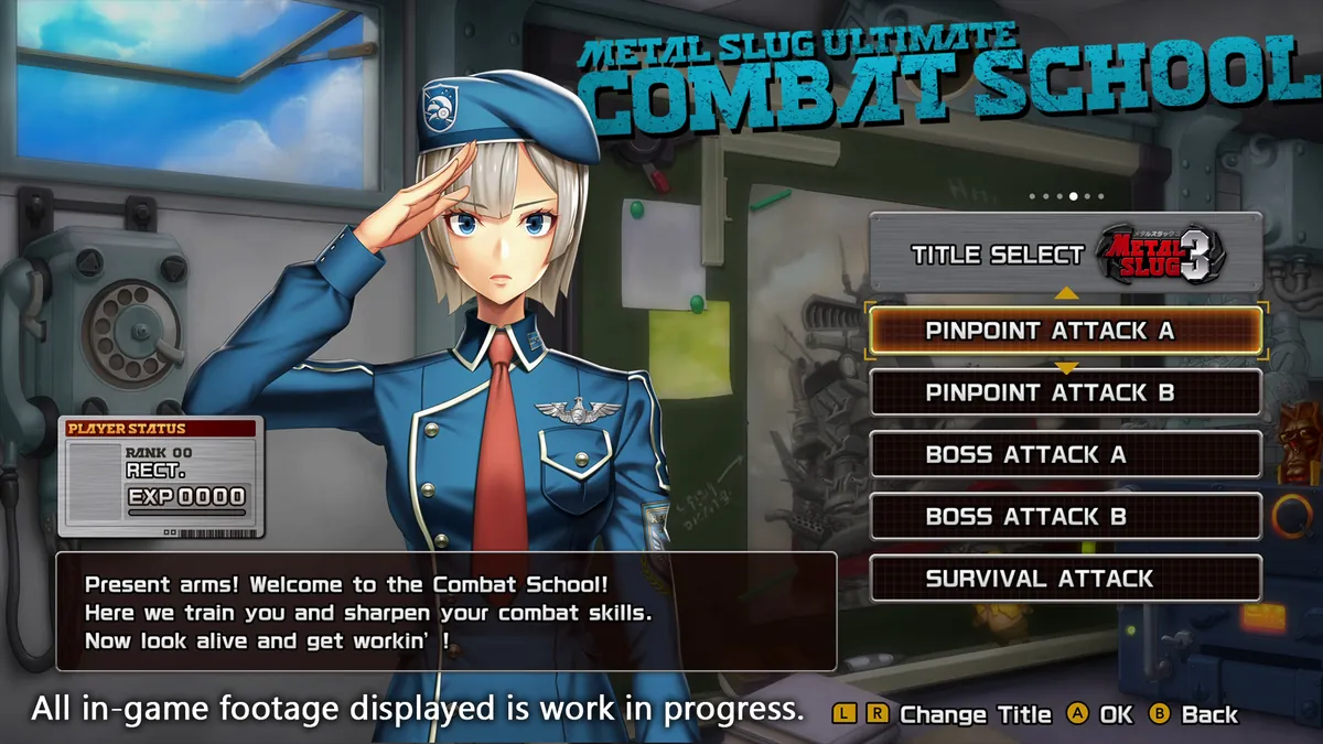 Captura oficial del modo Combat School de Metal Slug Ultimate Collection, con la instructora saludando junto al menú de retos
