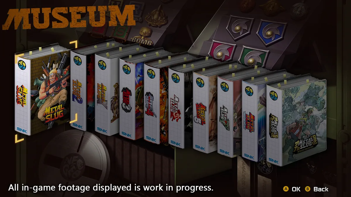 Captura oficial del modo museo de Metal Slug Ultimate Collection, con las cajas de los diez juegos en una estantería