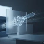 Llave cristalina con haces de luz atravesando una pantalla digital, rodeada de paneles de vidrio en tonos azules. Imagen generada con IA.