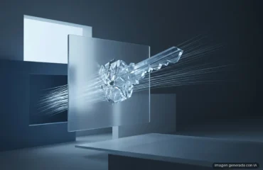 Llave cristalina con haces de luz atravesando una pantalla digital, rodeada de paneles de vidrio en tonos azules. Imagen generada con IA.
