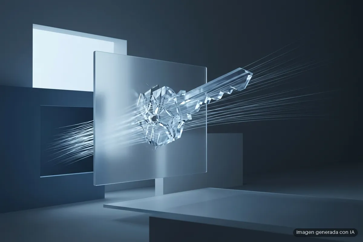 401-phishing-passkeys-microsoft-365-shinyhunters Llave cristalina con haces de luz atravesando una pantalla digital, rodeada de paneles de vidrio en tonos azules. Imagen generada con IA.
