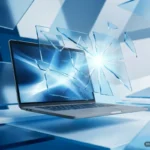 Portátil con pantalla luminosa rodeado de fragmentos de cristal que emanan luz, sobre una superficie blanca y azul. Imagen generada con IA.