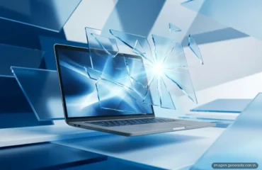 402-microsoft-corrige-fallo-teams-outlook-windows-arm Portátil con pantalla luminosa rodeado de fragmentos de cristal que emanan luz, sobre una superficie blanca y azul. Imagen generada con IA.