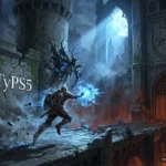 Guerrero armado lanza magia azul hacia una criatura en ruinas de castillo medieval, con luz fría desde el cielo. Imagen generada con IA.
