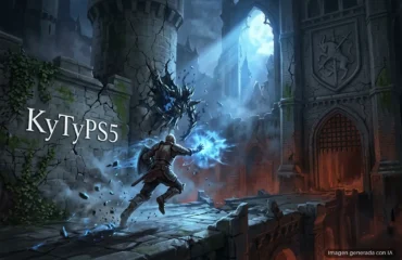 409-kytyps5-emulador-ps5-demons-souls-800-por-ciento Guerrero armado lanza magia azul hacia una criatura en ruinas de castillo medieval, con luz fría desde el cielo. Imagen generada con IA.