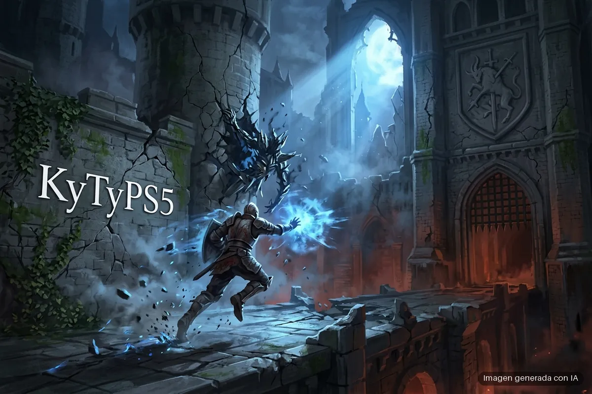 409-kytyps5-emulador-ps5-demons-souls-800-por-ciento Guerrero armado lanza magia azul hacia una criatura en ruinas de castillo medieval, con luz fría desde el cielo. Imagen generada con IA.