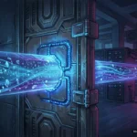 Conducto metálico futurista con flujo de datos digitales en azul y magenta atravesando un centro de datos. Imagen generada con IA.