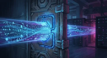 Conducto metálico futurista con flujo de datos digitales en azul y magenta atravesando un centro de datos. Imagen generada con IA.