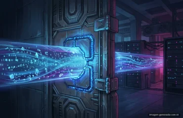 410-check-point-vpn-cve-2026-85102-85103-parche Conducto metálico futurista con flujo de datos digitales en azul y magenta atravesando un centro de datos. Imagen generada con IA.