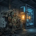 Motor de combustión con engranajes expuestos en interior de centro de datos con servidores iluminados. Imagen generada con IA.