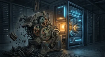 Motor de combustión con engranajes expuestos en interior de centro de datos con servidores iluminados. Imagen generada con IA.